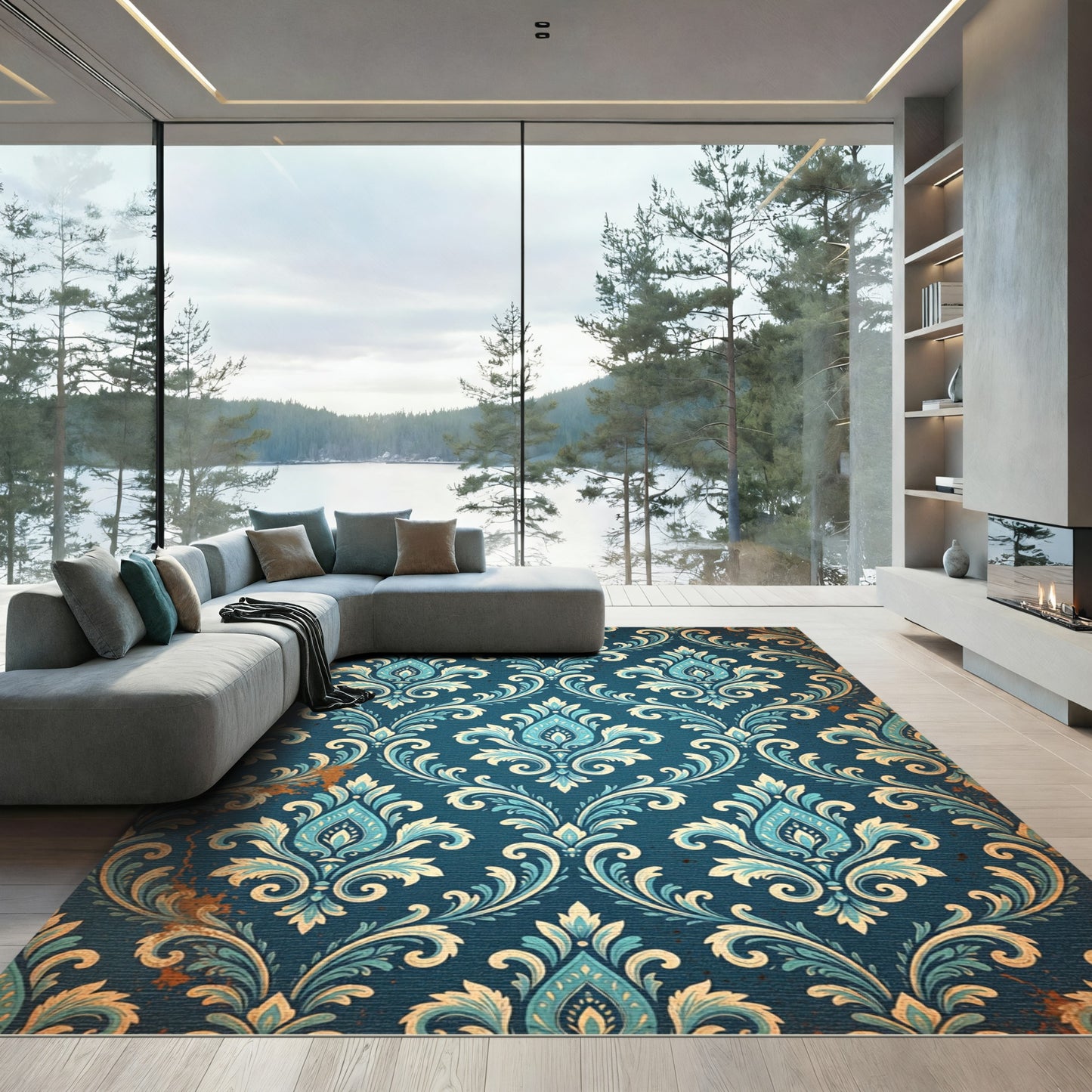Elegant Teal Damask Floral Filigree Rug