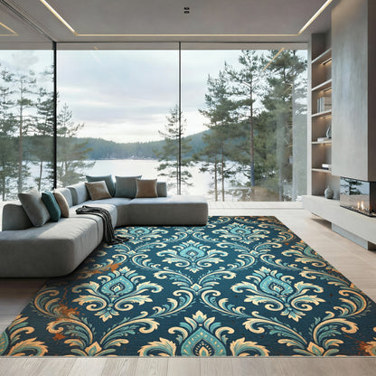 Elegant Teal Damask Floral Filigree Rug