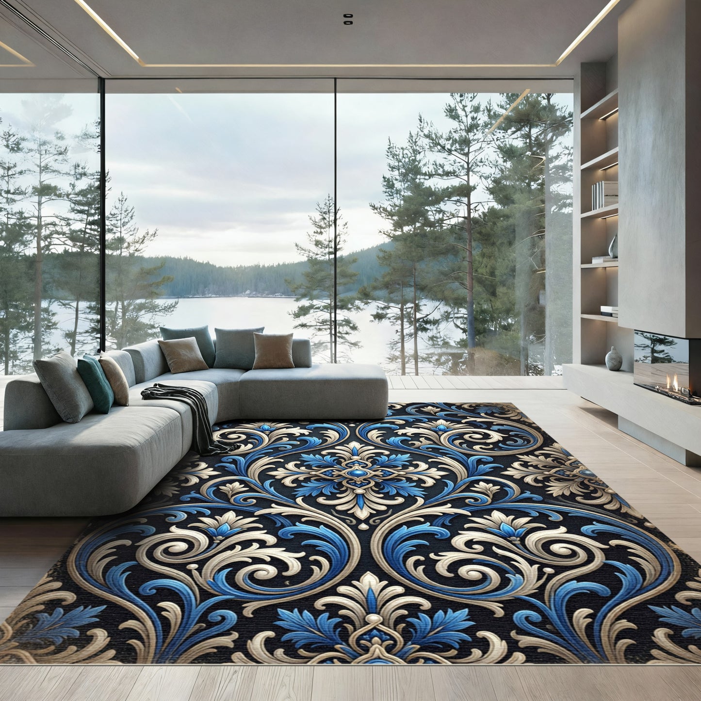 Ornamental Blue and Cream Scrolling Damask Rug