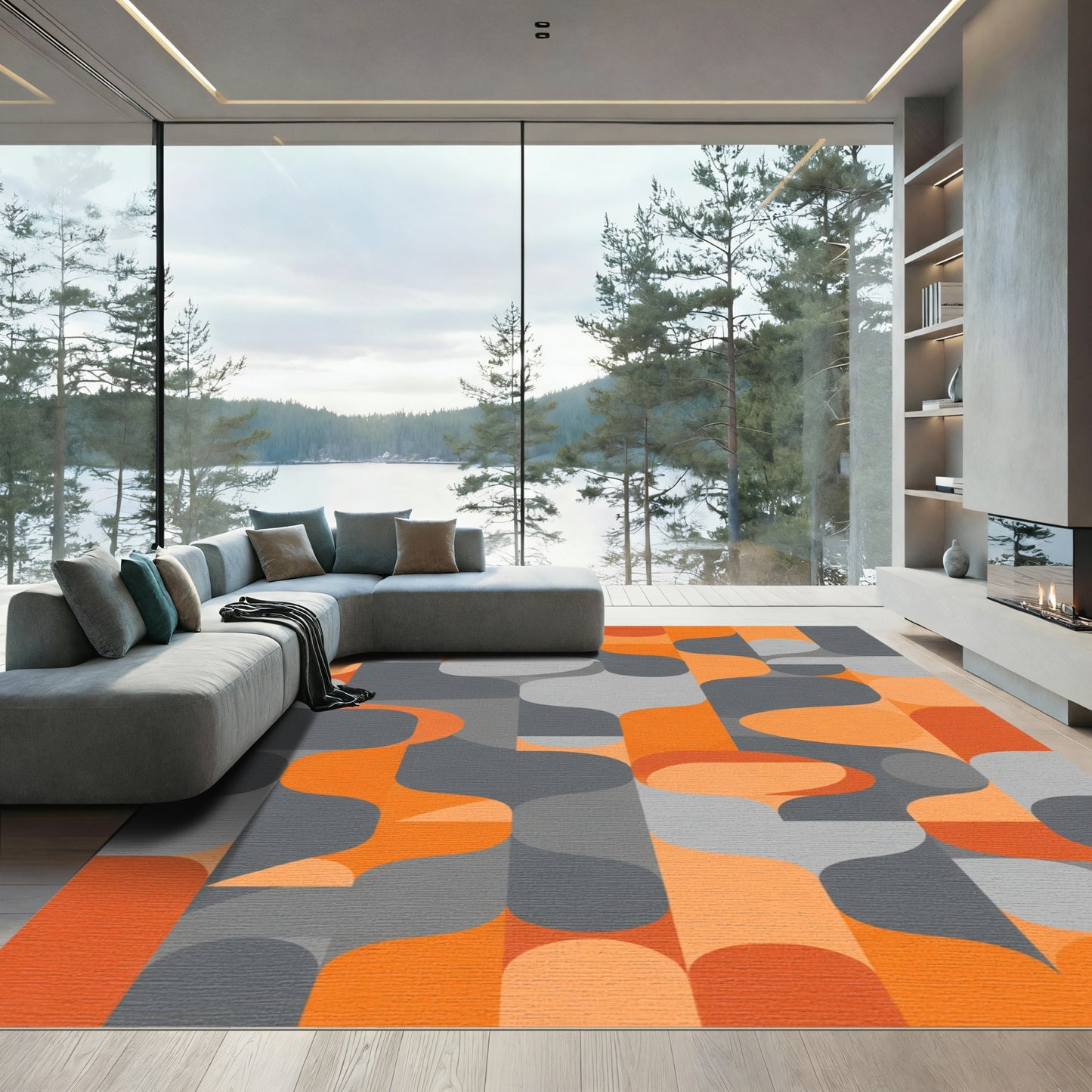 Wavy Orange Gray Geometric Blocks Rug
