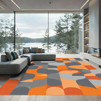 Wavy Orange Gray Geometric Blocks Rug
