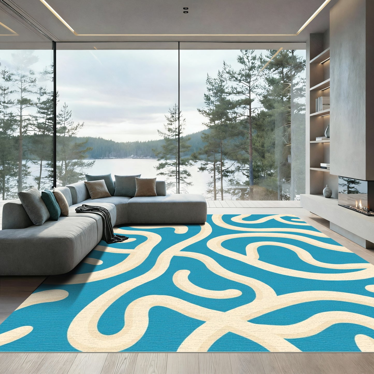 Aqua Cream Swirl Intertwine Pattern Rug