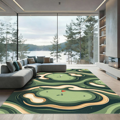 Earthy Green Abstract Golf Course Landscape Rug