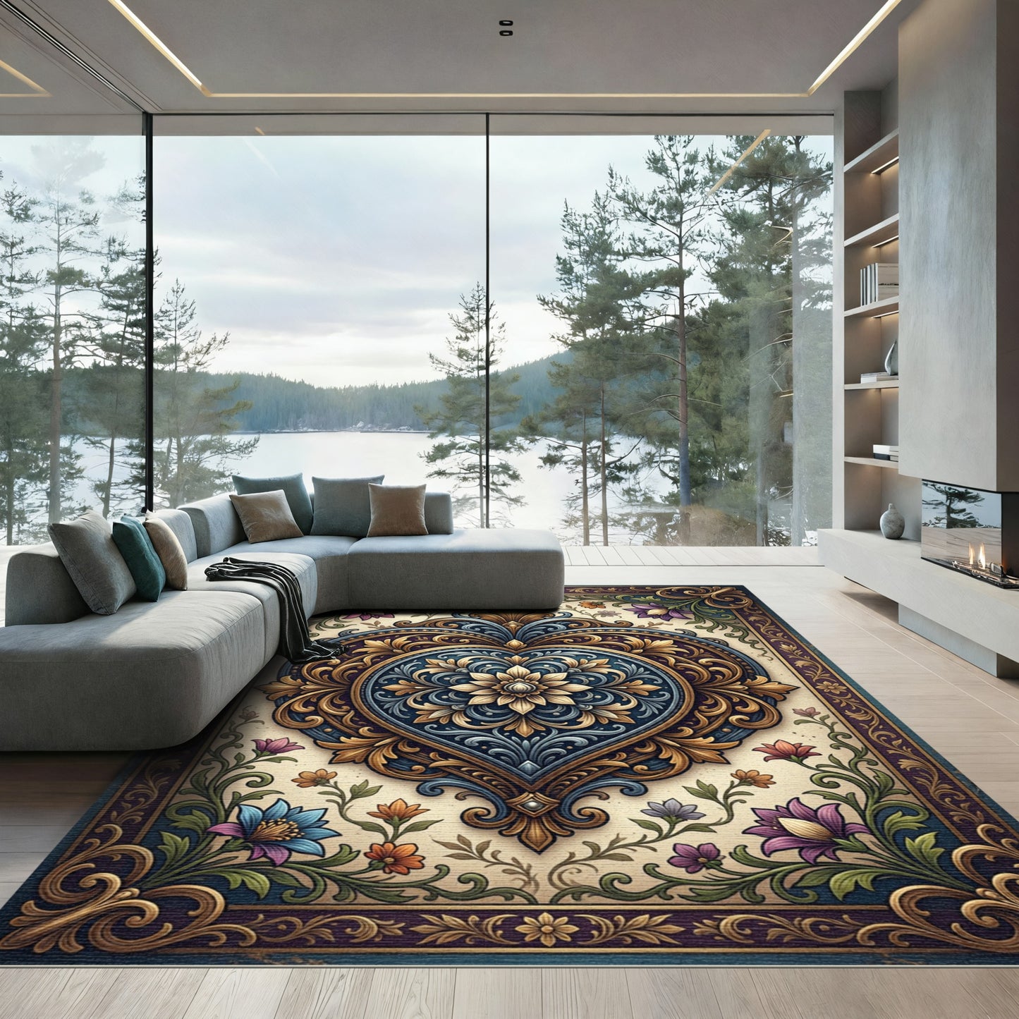Ornate Sapphire Gold Heart Floral Medallion Rug