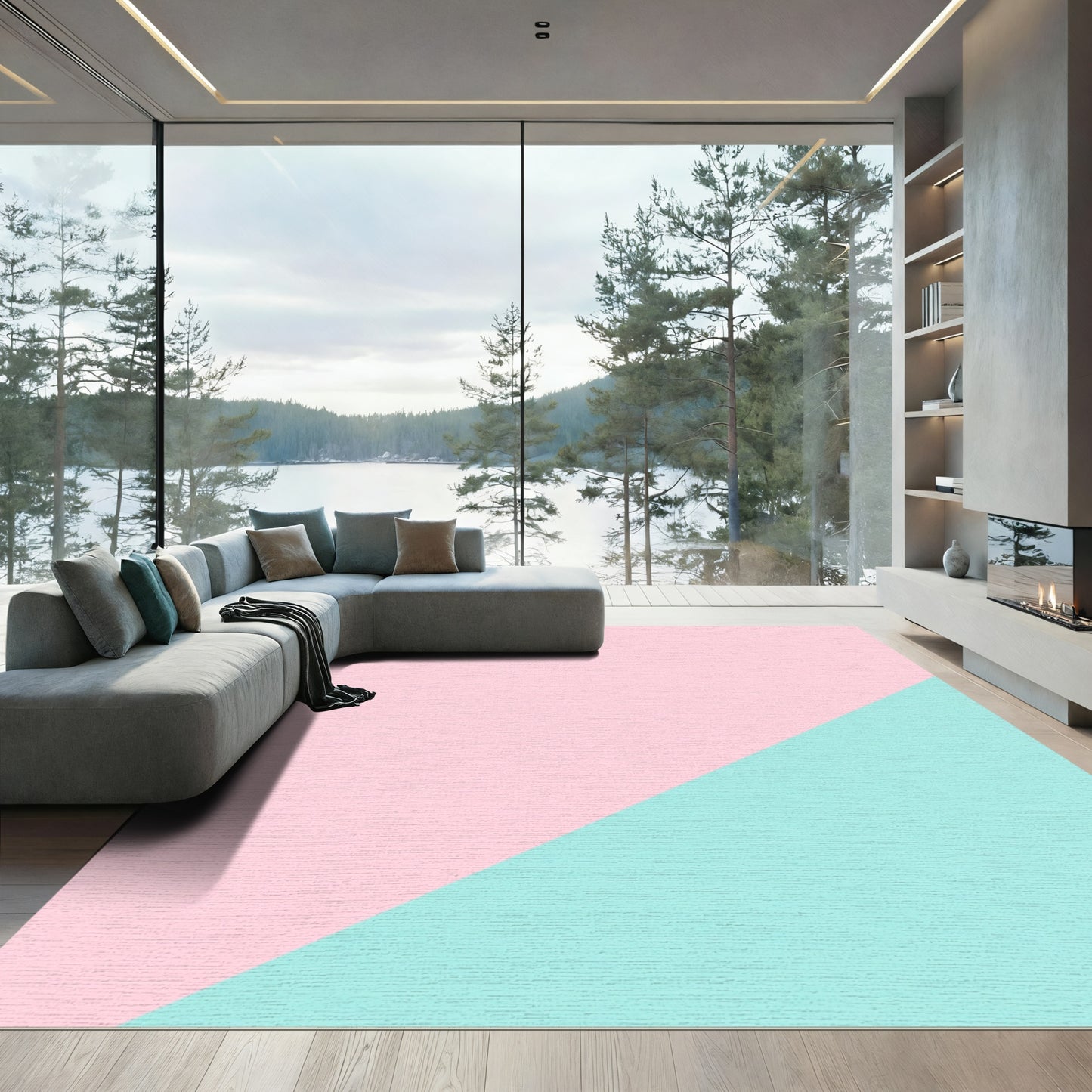 Soft Pink Teal Diagonal Split Rug