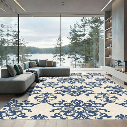 Deep Blue Classic Damask Medallion Rug