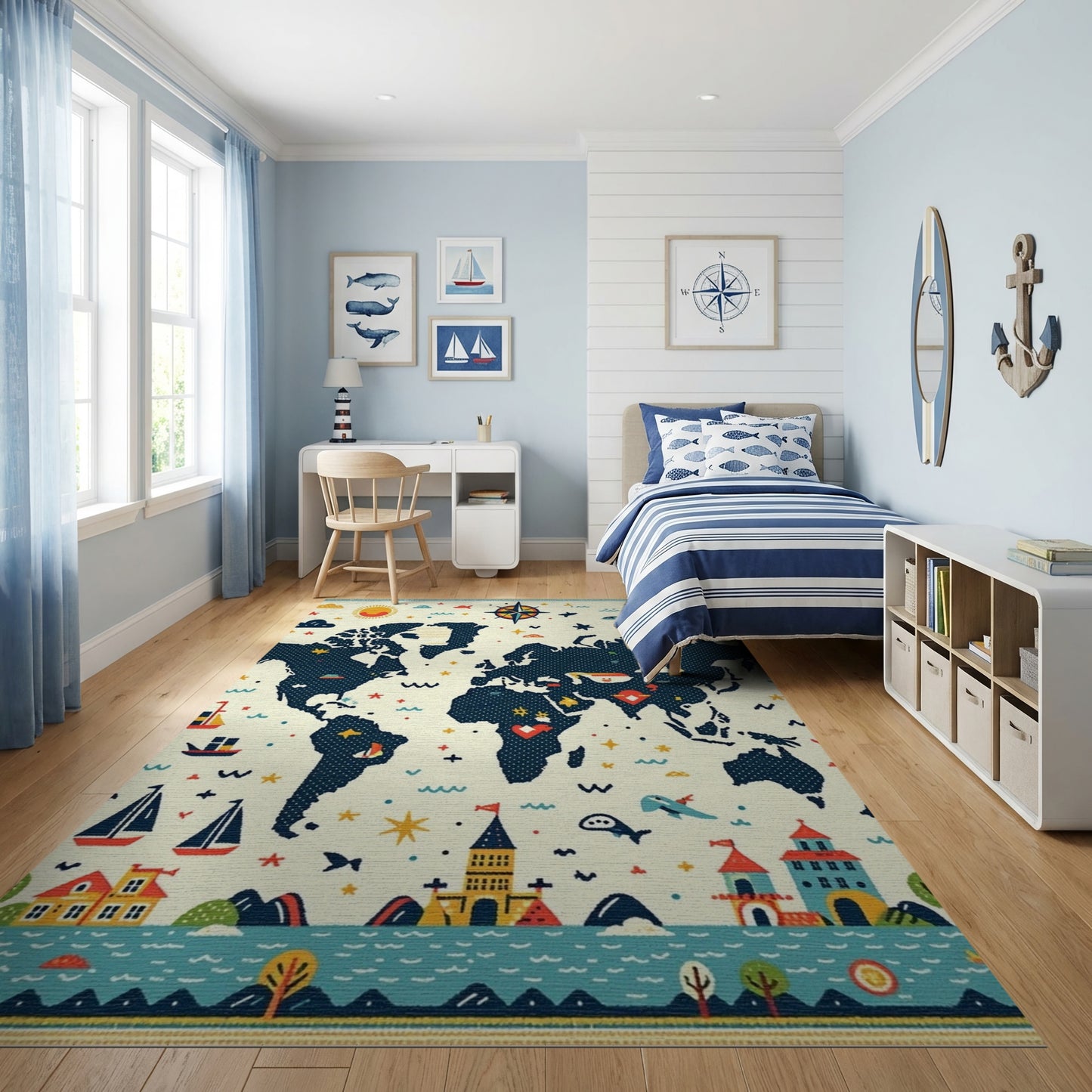 Whimsical Nautical World Map Adventure Rug