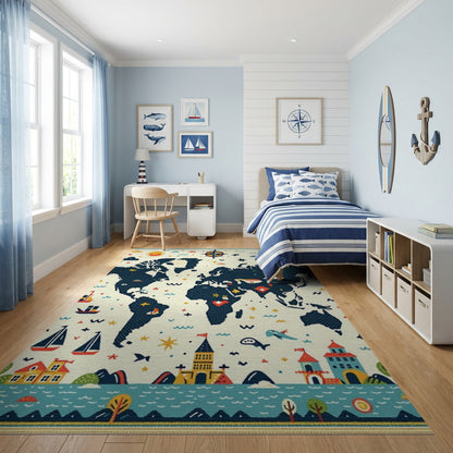 Whimsical Nautical World Map Adventure Rug