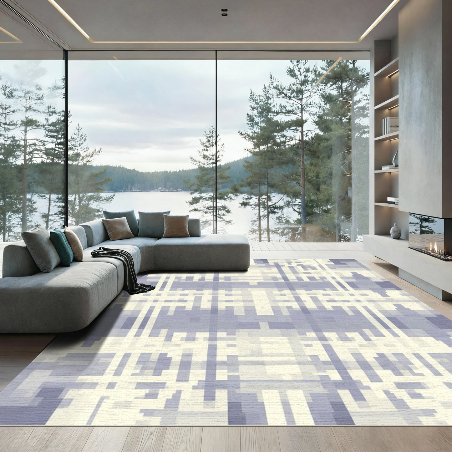 Soft Blue White Pixelated Plaid Rug
