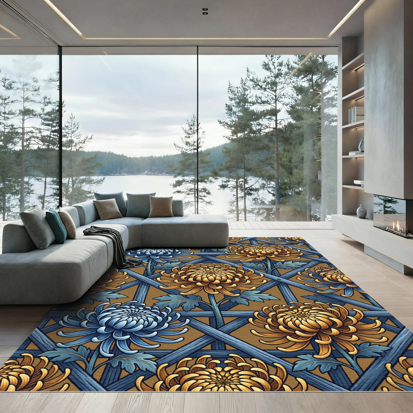 Blue Golden Chrysanthemum Lattice Rug