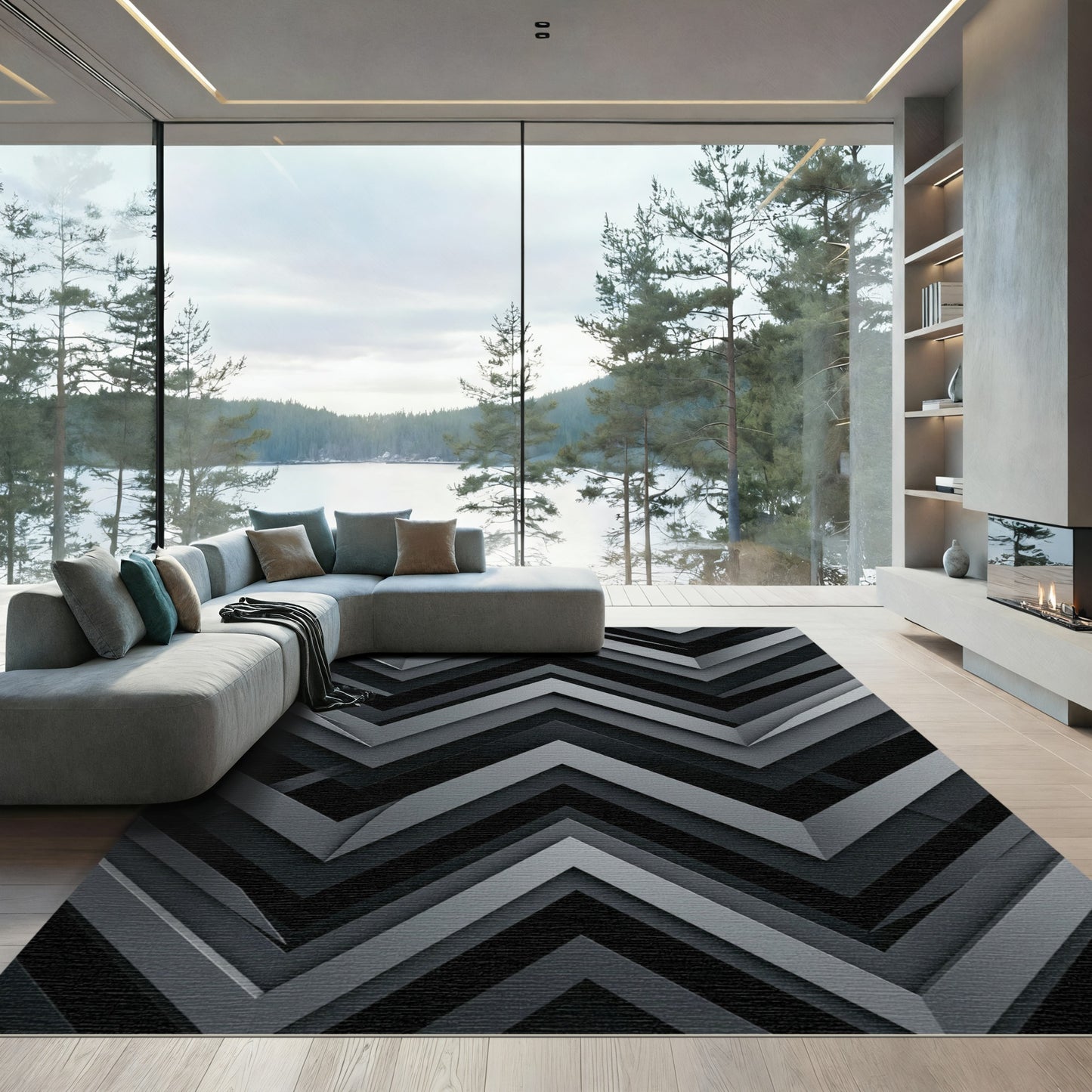 Sophisticated Gray Geometric Chevron Layered Rug