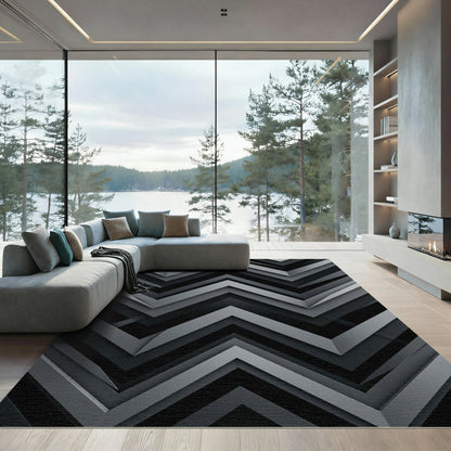 Sophisticated Gray Geometric Chevron Layered Rug