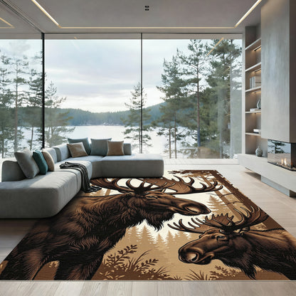 Majestic Brown Moose Forest Illustration Rug