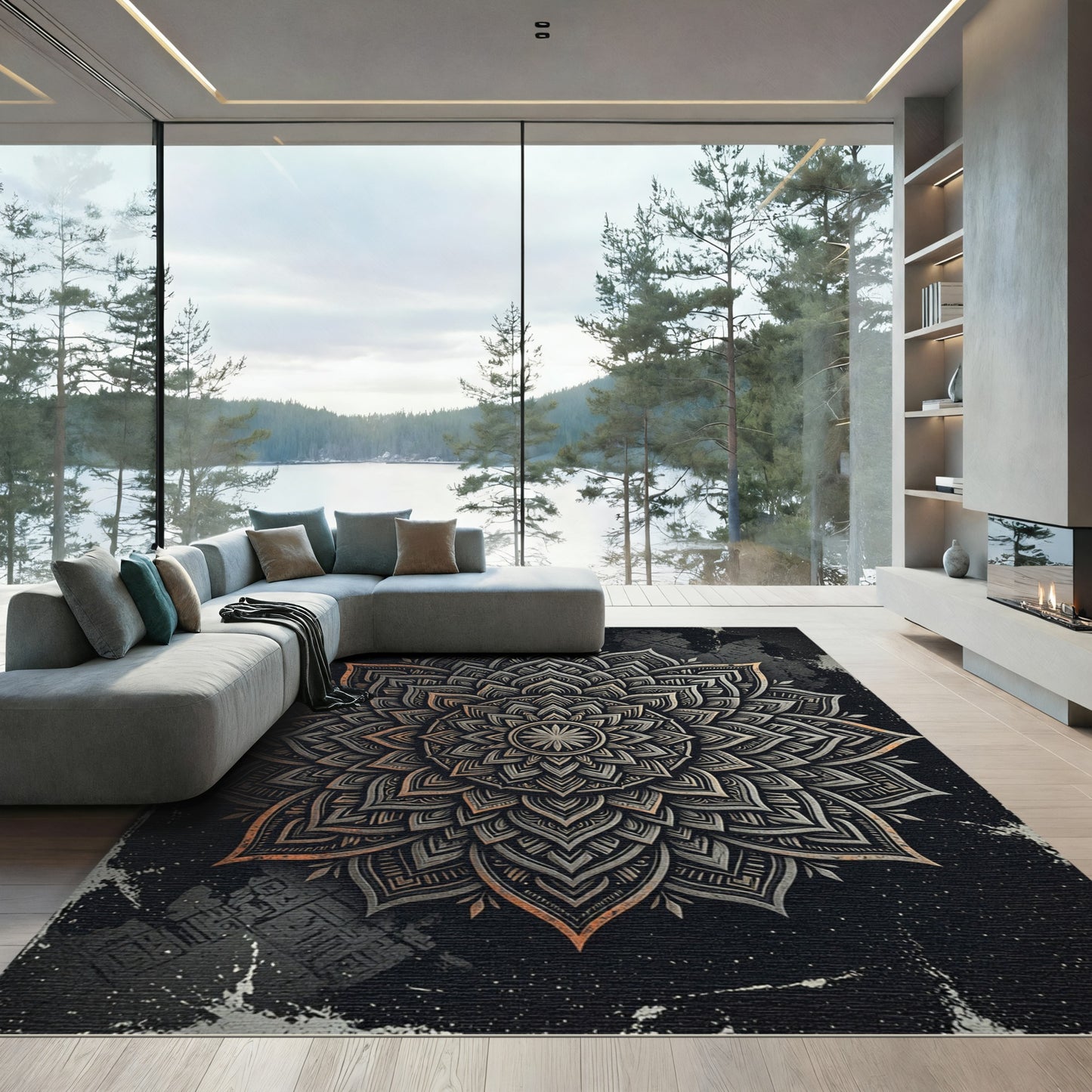 Dark Celestial Mandala Silver Gold Art Rug