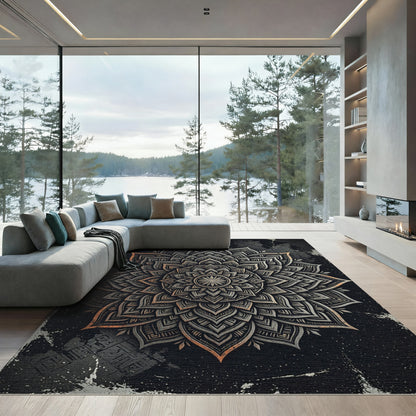 Dark Celestial Mandala Silver Gold Art Rug