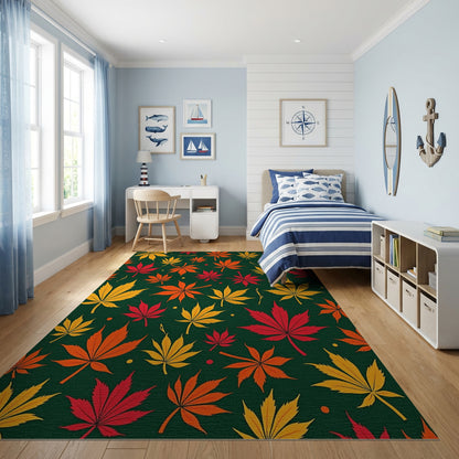 Vibrant Yellow Orange Red Leaves Green Rug