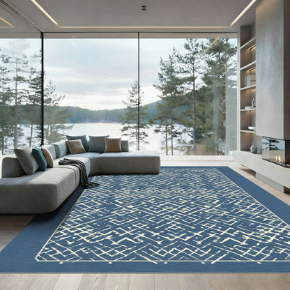 Cream Geometric Lattice Blue Background Rug