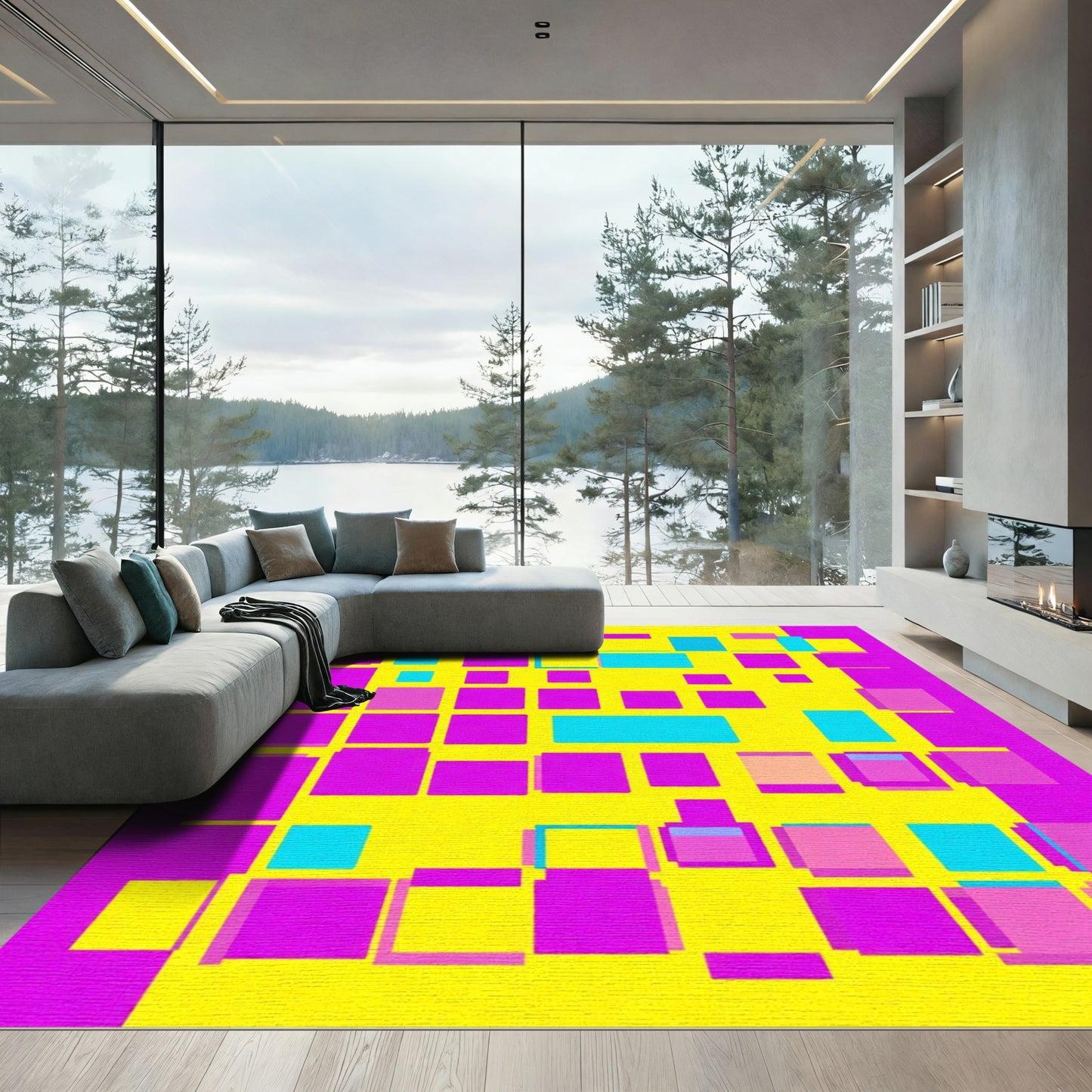 Bold Pink Yellow Cyan Geometric Blocks Rug