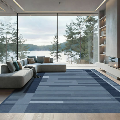 Midnight Blue Geometric Rectangles Rug