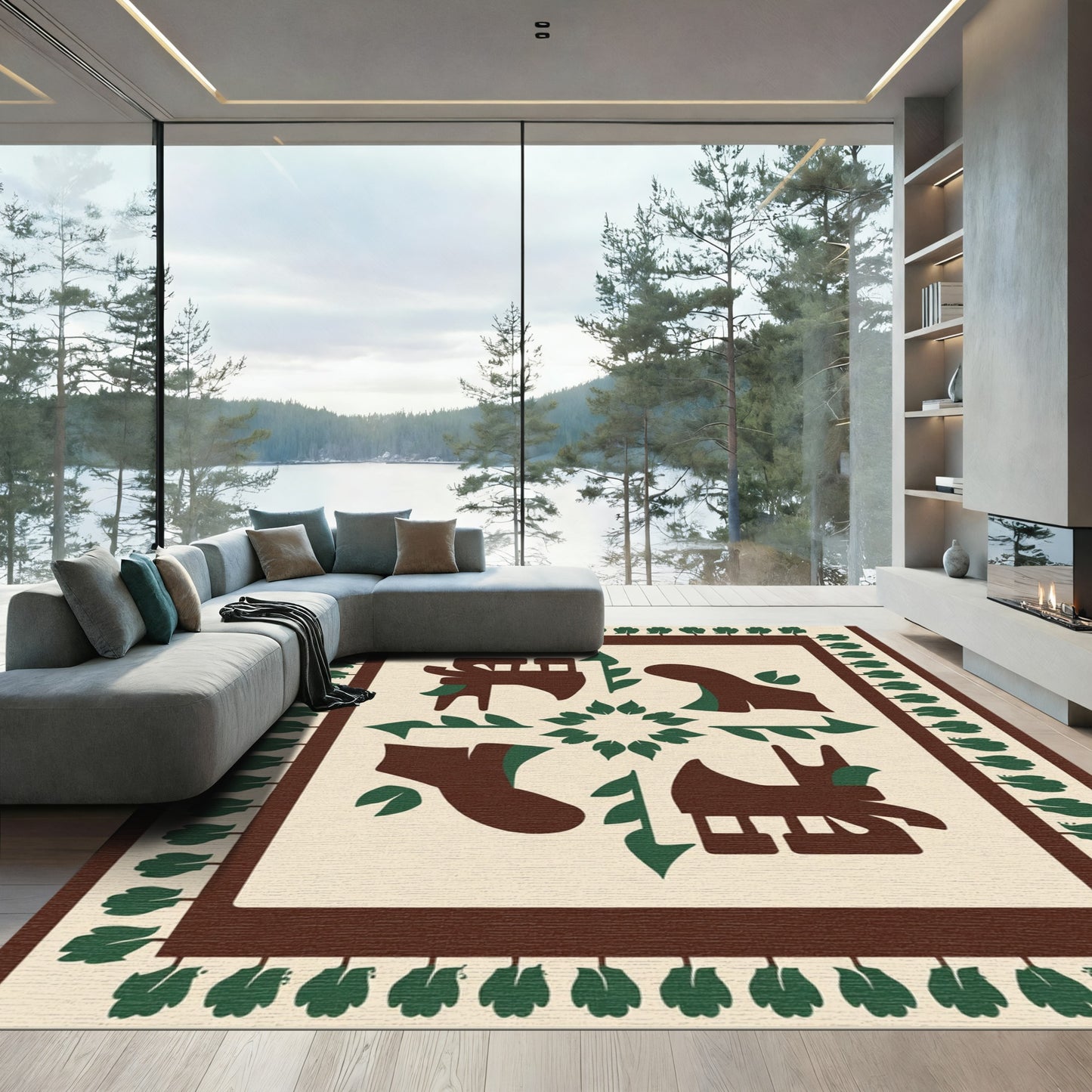 Brown Green Folk Art Animals Rug