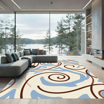 Cream Swirls Blue Waves Brown Lines Rug