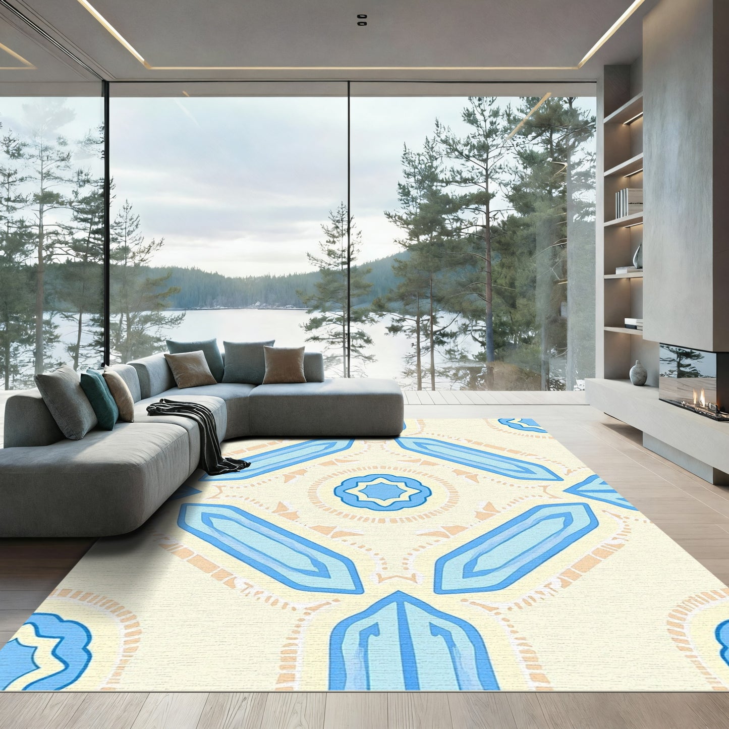 Light Yellow Blue Geometric Symmetry Rug