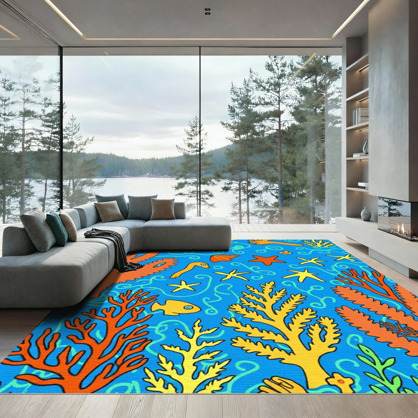 Bright Orange Yellow Coral Aquatic Life Rug
