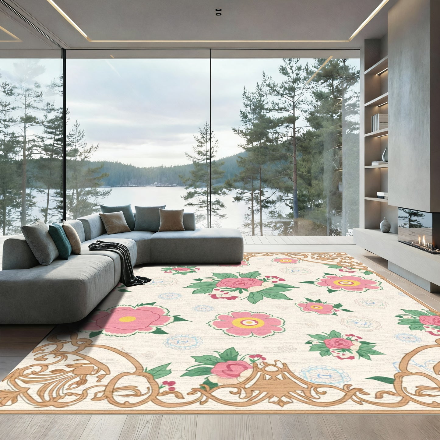 Pink Floral Garden with Gold Trim Rug