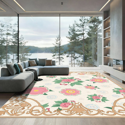 Pink Floral Garden with Gold Trim Rug