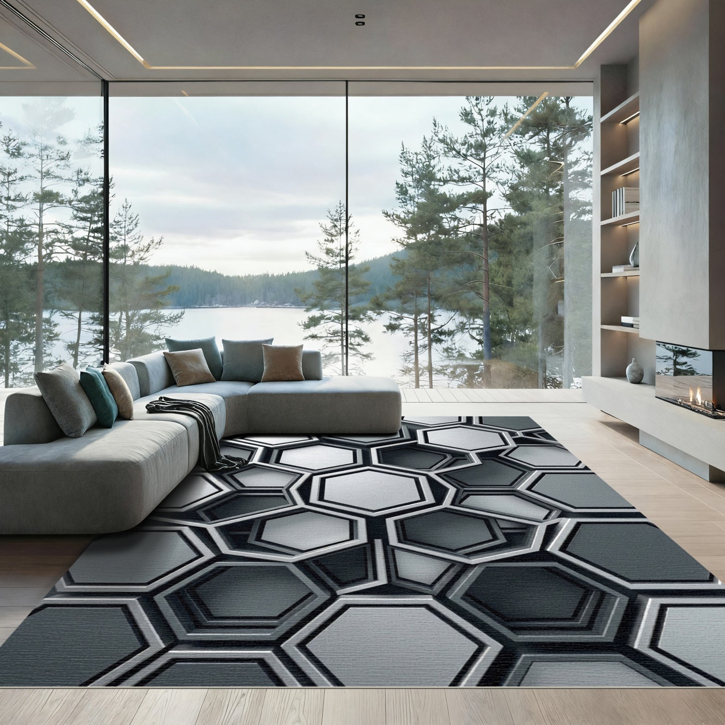Monochromatic Gray Hexagonal Overlap Rug