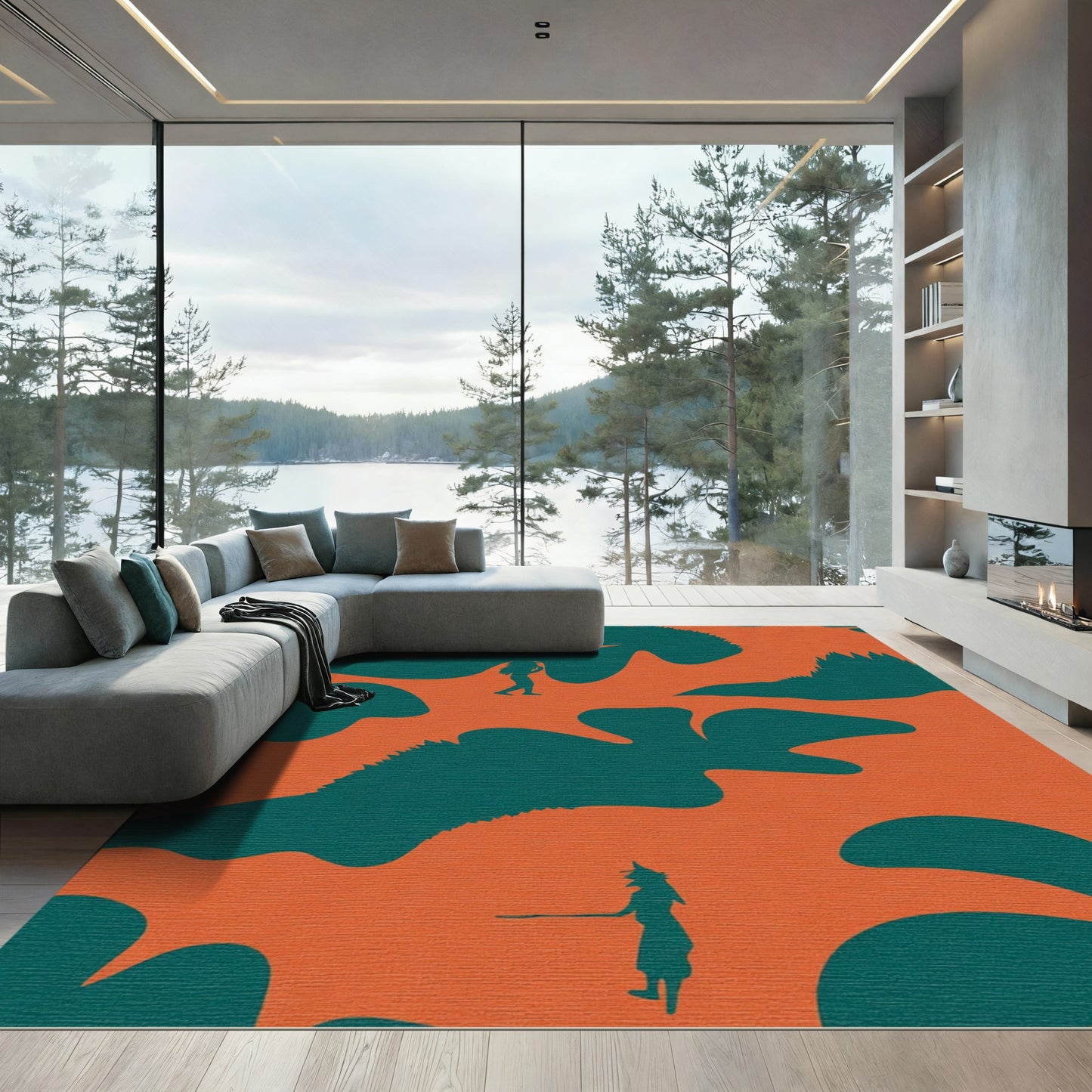 Whimsical Orange Teal Figures Landscape Rug