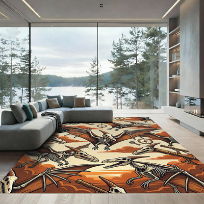 Vintage Pterodactyl Skeleton Explorer Earthy Tone Rug