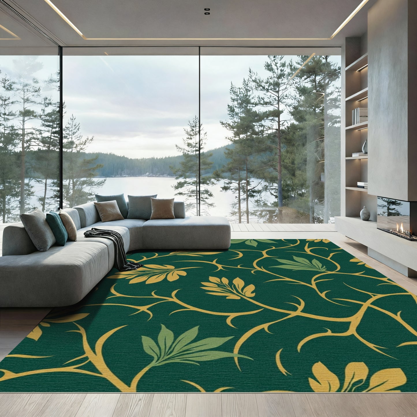Deep Emerald Golden Vine Foliage Rug