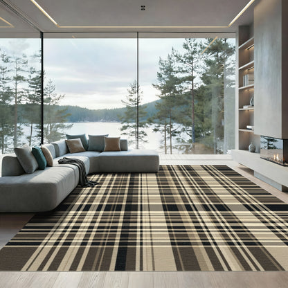 Classic Tan Black Plaid Lines Rug