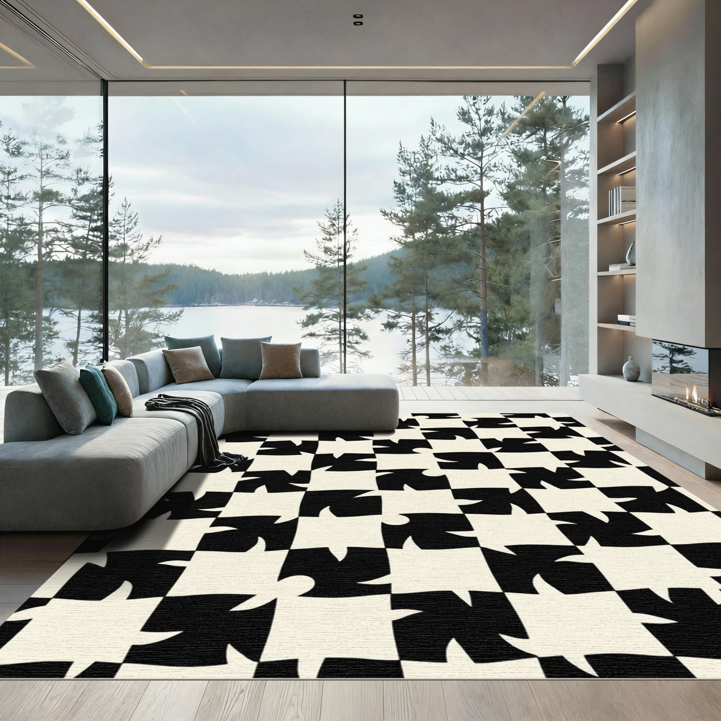 Black Cream Distorted Checkerboard Rug