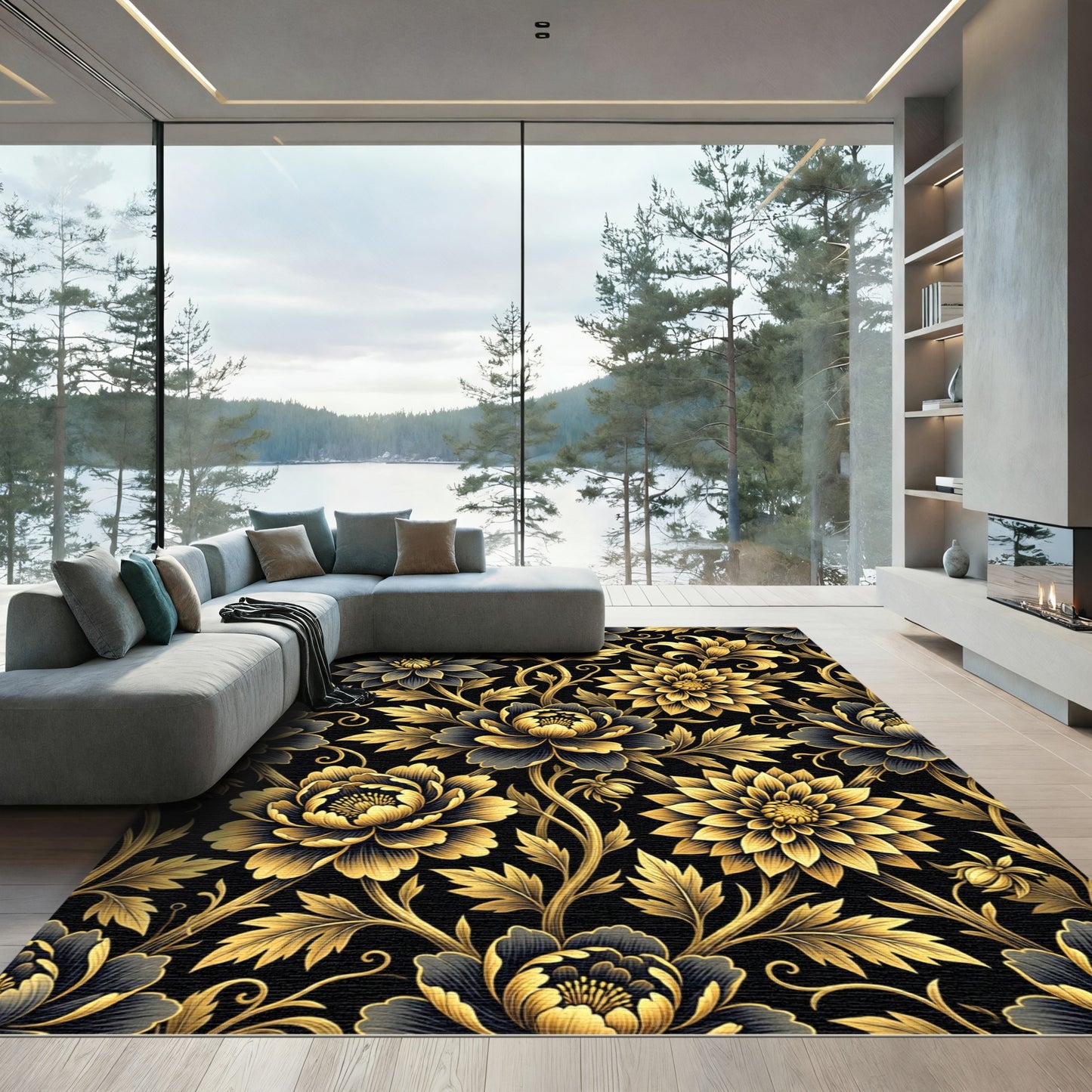 Gilded Black Floral Garden Scroll Rug
