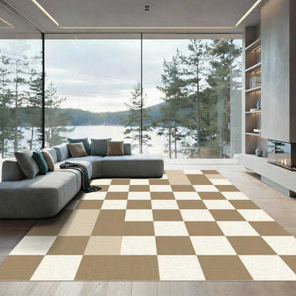 Neutral Brown White Checkerboard Squares Rug