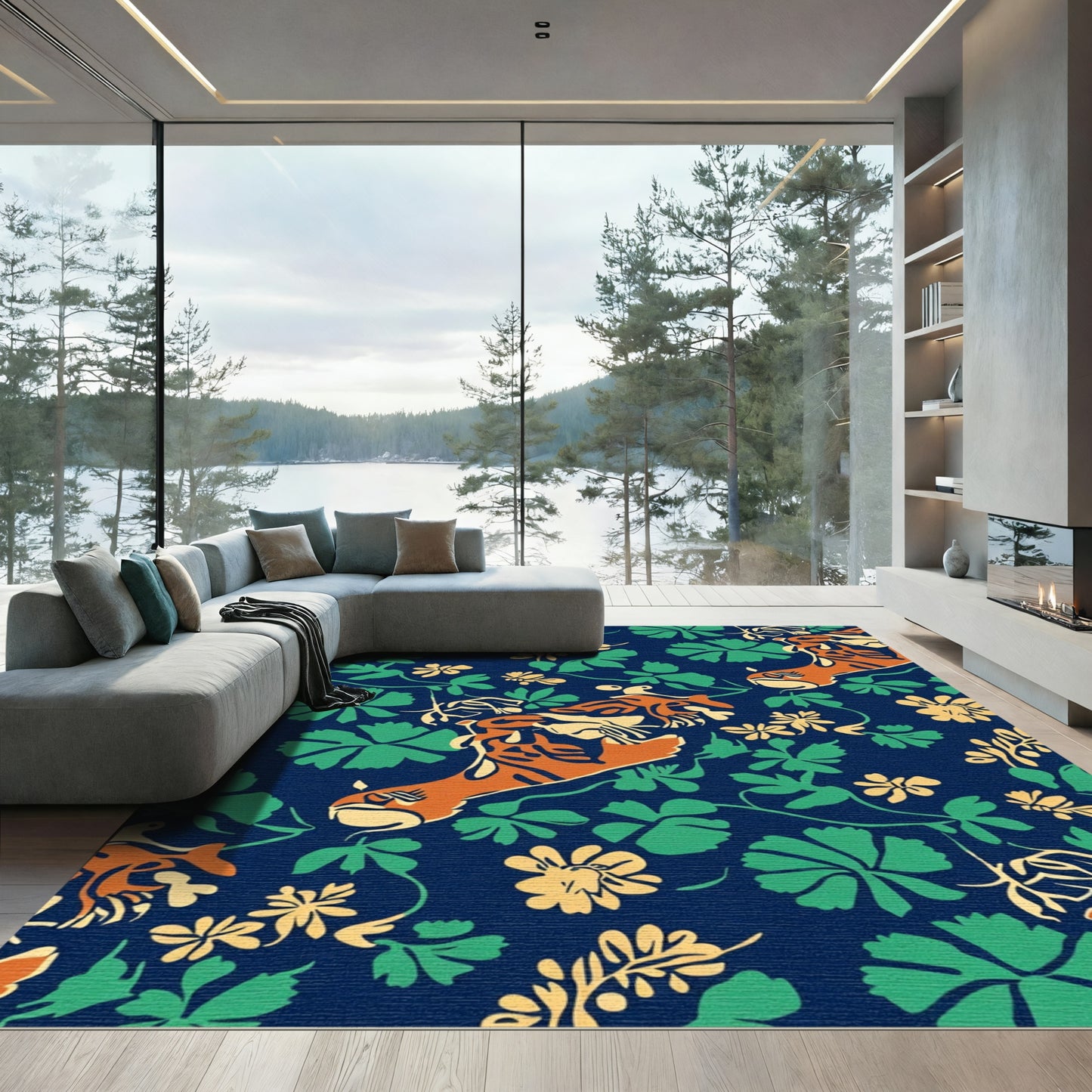 Orange Animal Navy Floral Vine Rug