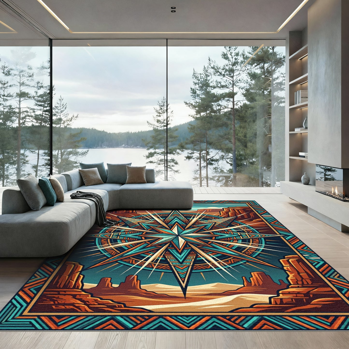 Earthy Geometric Compass Southwestern Canyonscape Rug