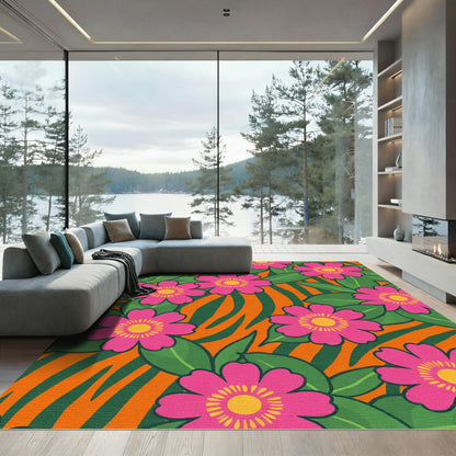 Pink Floral Jungle Stripes Rug
