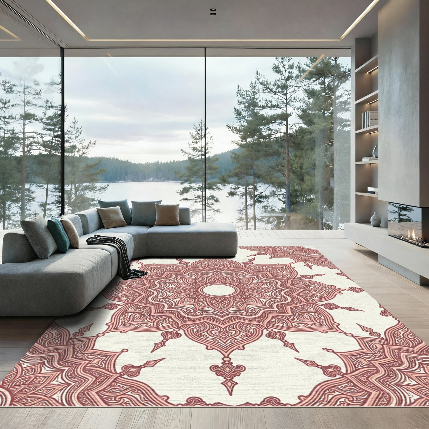 Elegant Dusty Rose Linear Medallion Rug