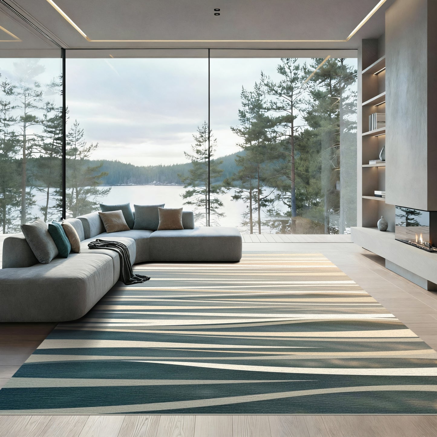 Minimalist Abstract Cream and Blue Wave Rug