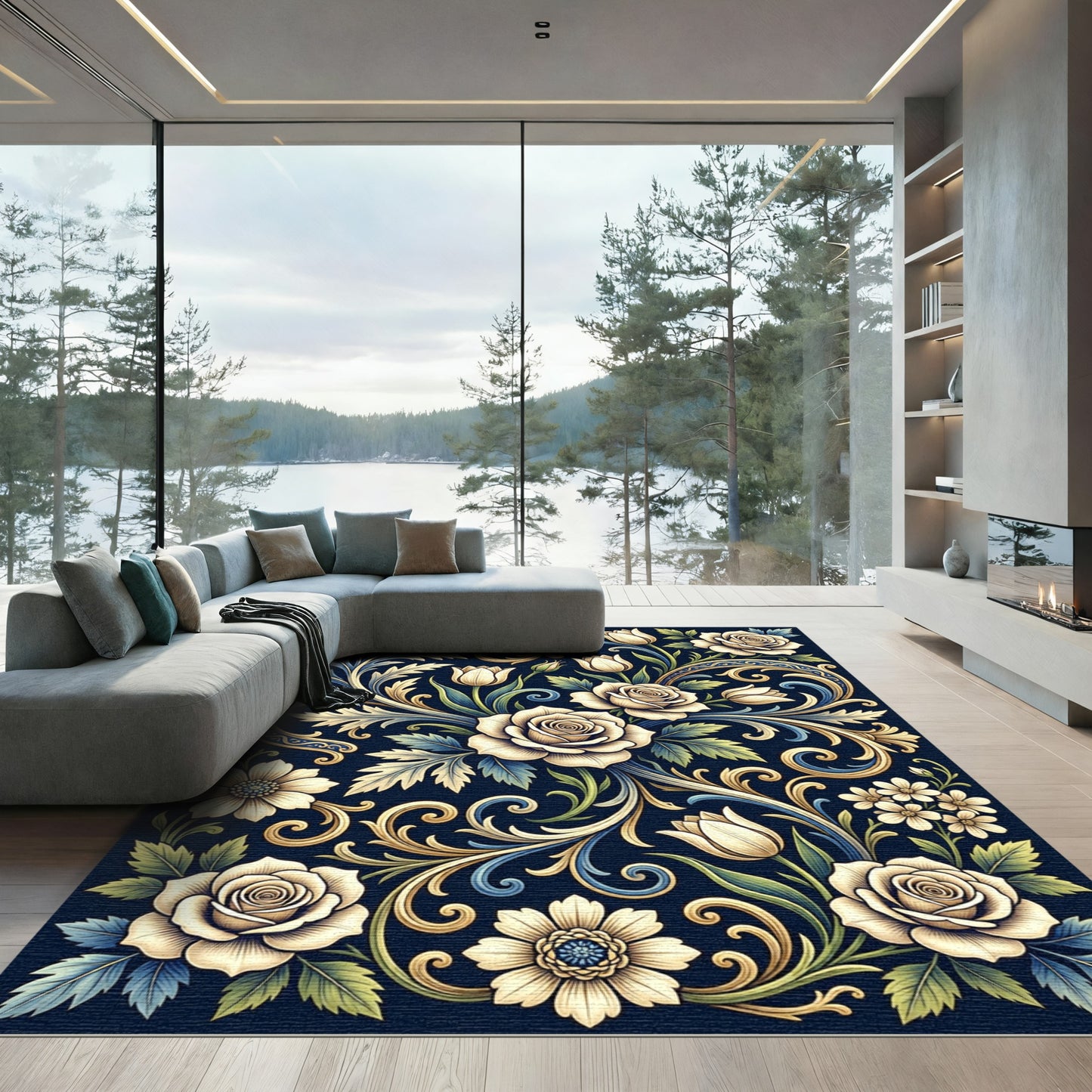 Elegant Cream Floral Navy Scrollwork Art Rug