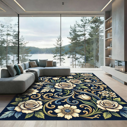 Elegant Cream Floral Navy Scrollwork Art Rug