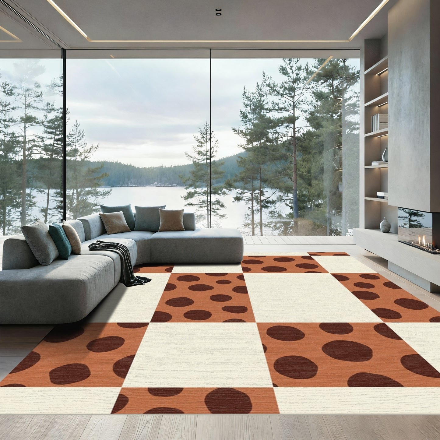 Brown Tan Polka Dot Checkered Rug
