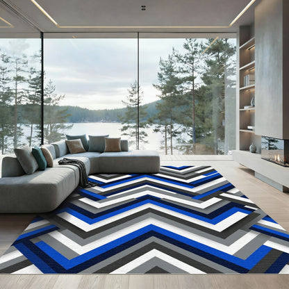 Modern Blue Silver Chevron Geometric Rug