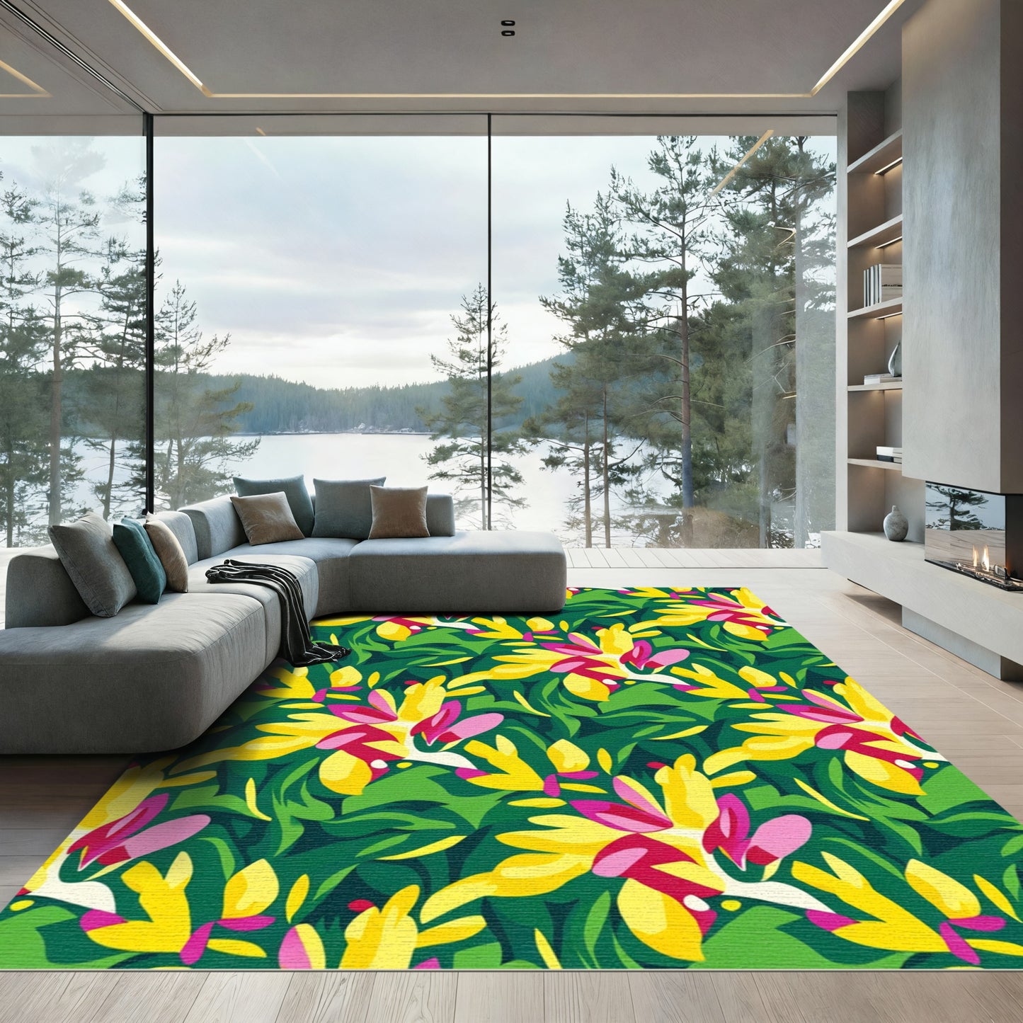 Vibrant Yellow Pink Tropical Leaves Rug