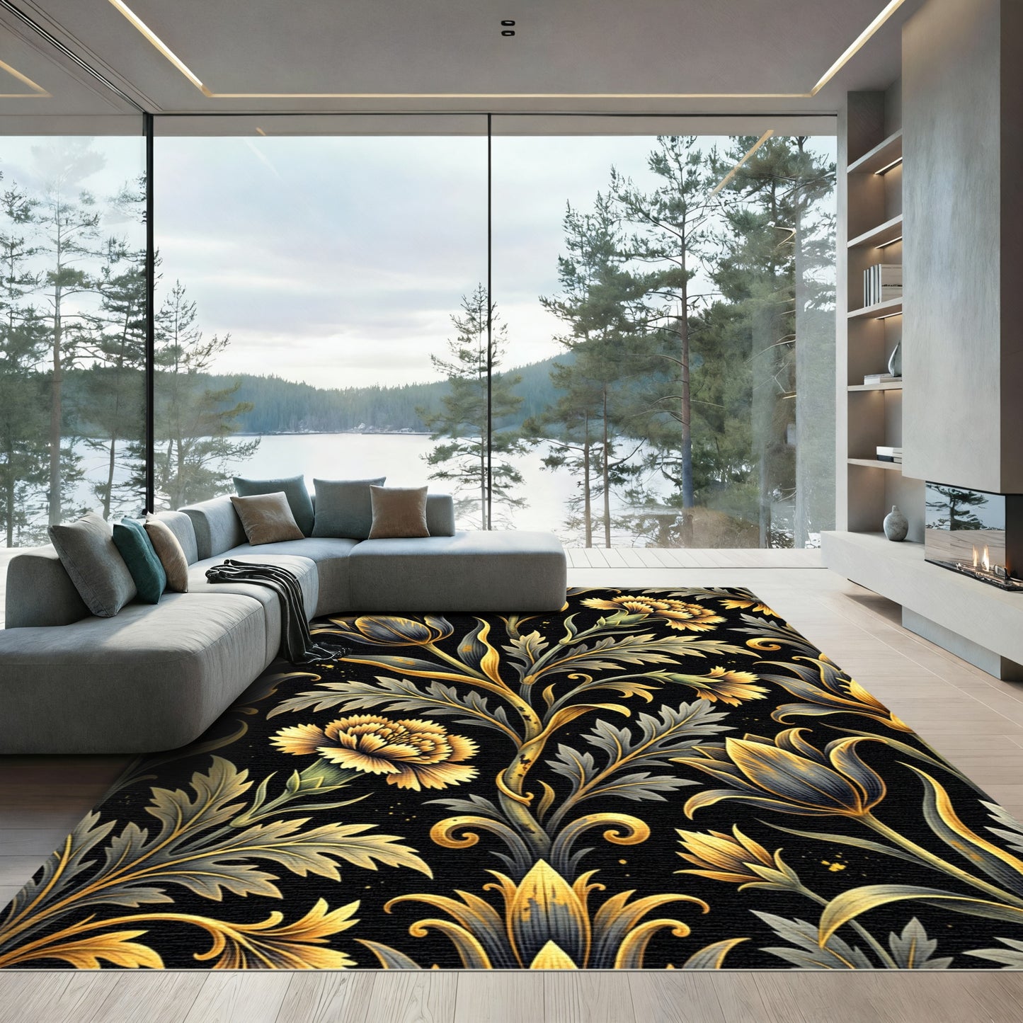 Golden Gray Floral Art Nouveau Rug