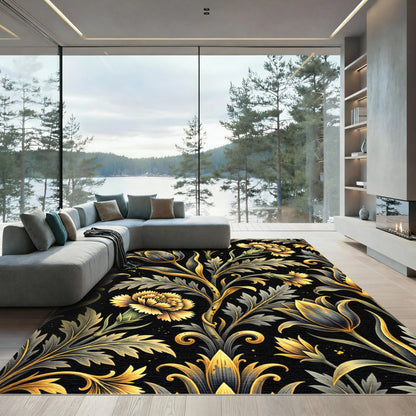 Golden Gray Floral Art Nouveau Rug
