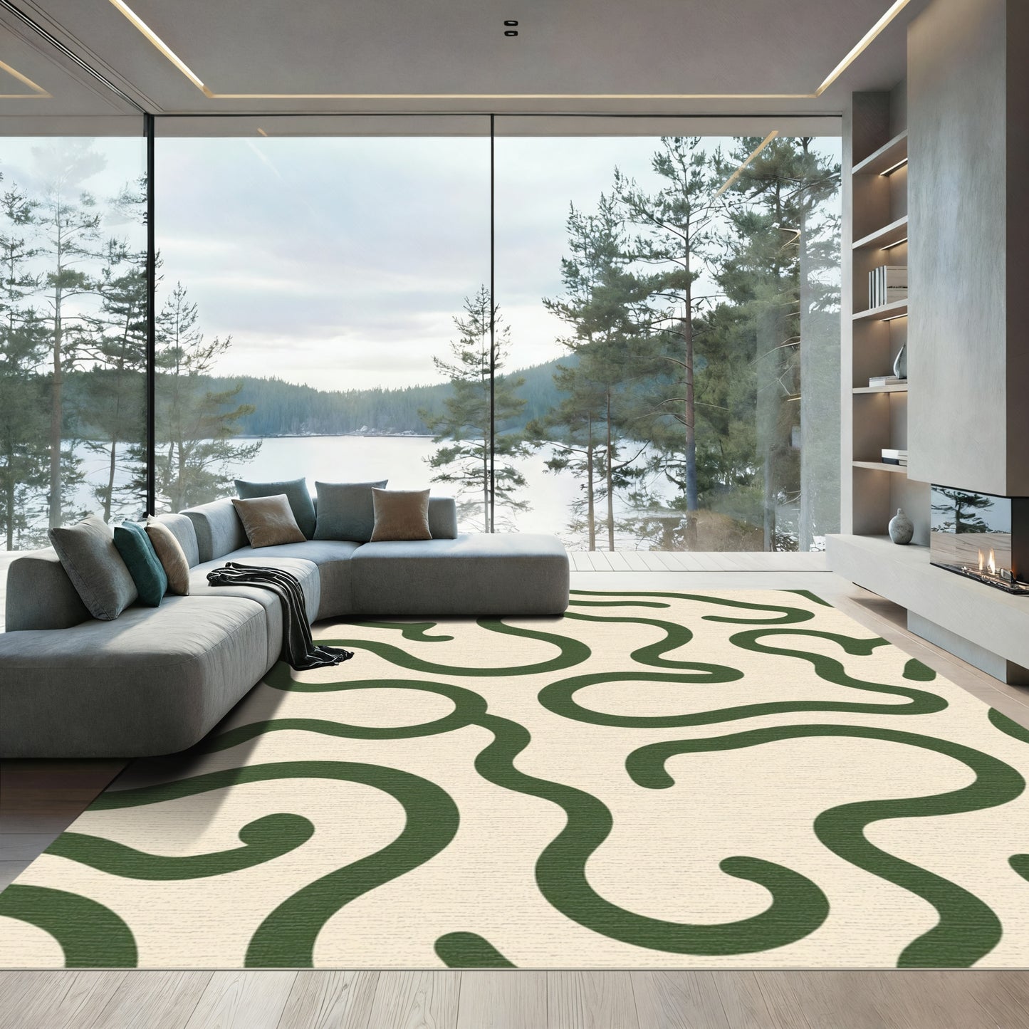 Olive Swirl Abstract Organic Lines Rug